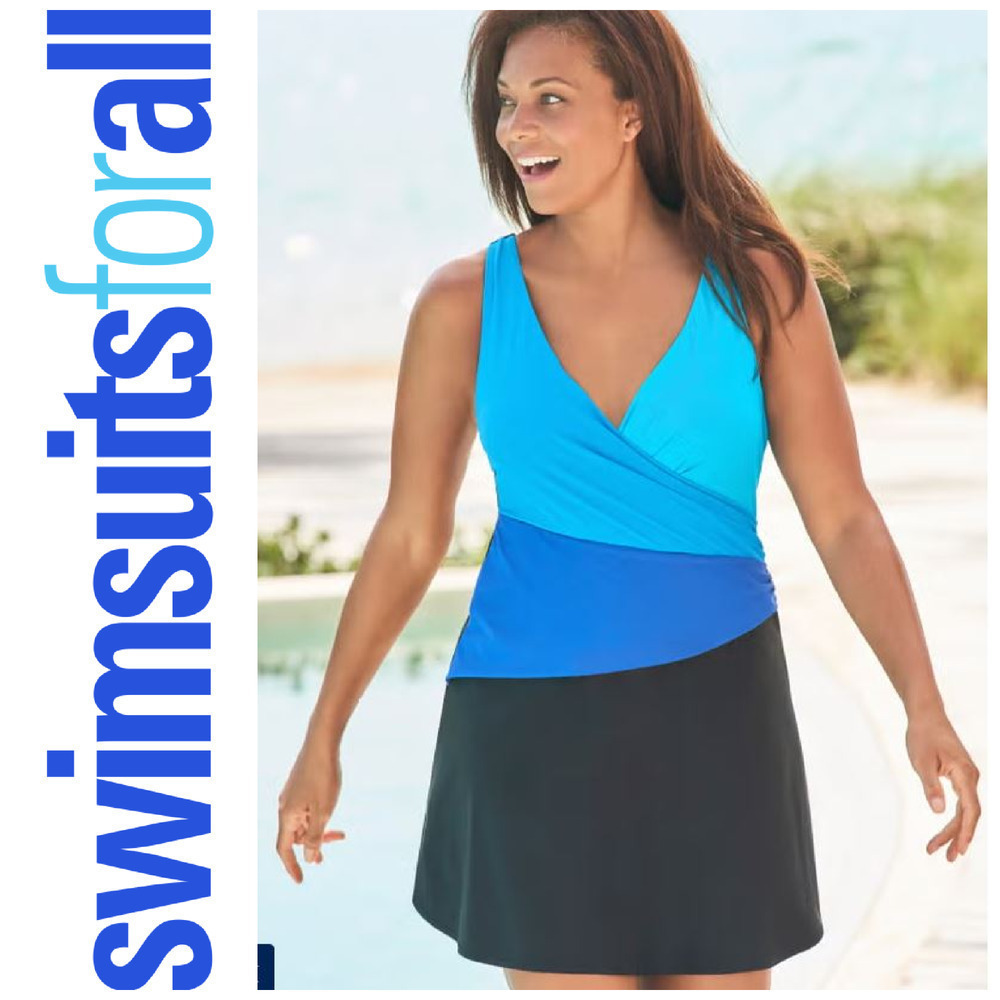 NEW Swim 365 x Swimsuits for All Plus Sz 28 Blue Crisscross Swim Dress Swimsuit